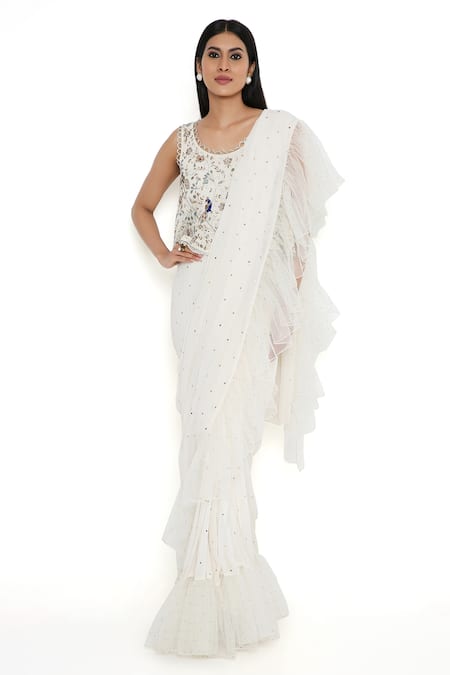 Payal Singhal Off White Georgette Embroidery Mukaish Round Work Pre-draped Saree With Blouse 