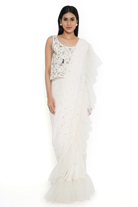 Payal Singhal Off White Georgette, Net Mirrors, Mukaish Work Pre-draped Saree With Blouse Online at Aza Fashions Payal Singhal_Off White Georgette, Net Mirrors, Mukaish Work Pre-draped Saree With Blouse_Online_at_Aza_Fashions