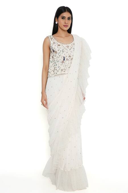 Buy Payal Singhal Off White Georgette, Net Mirrors, Mukaish Work Pre-draped Saree With Blouse Online at Aza Fashions Buy_Payal Singhal_Off White Georgette, Net Mirrors, Mukaish Work Pre-draped Saree With Blouse_Online_at_Aza_Fashions