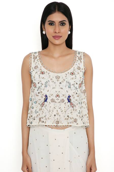 Shop Payal Singhal Off White Georgette, Net Mirrors, Mukaish Work Pre-draped Saree With Blouse Online at Aza Fashions Shop_Payal Singhal_Off White Georgette, Net Mirrors, Mukaish Work Pre-draped Saree With Blouse_Online_at_Aza_Fashions