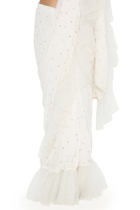 Payal Singhal Off White Georgette, Net Mirrors, Mukaish Work Pre-draped Saree With Blouse at Aza Fashions Payal Singhal_Off White Georgette, Net Mirrors, Mukaish Work Pre-draped Saree With Blouse_at_Aza_Fashions