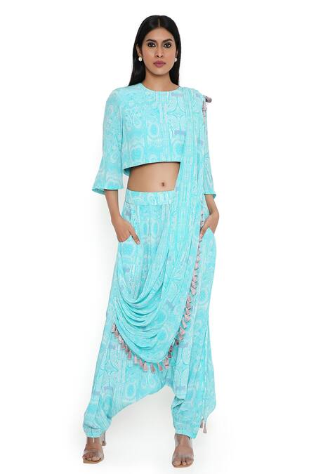 Payal Singhal Blue Crepe Printed Abstract Round Dhoti Pant Saree With Top