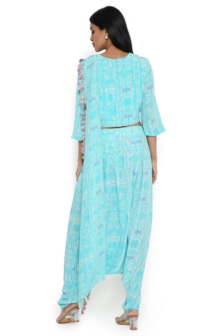 Shop Payal Singhal Blue Crepe Printed Abstract Round Dhoti Pant Saree And Top at Aza Fashions Shop_Payal Singhal_Blue Crepe Printed Abstract Round Dhoti Pant Saree And Top_at_Aza_Fashions