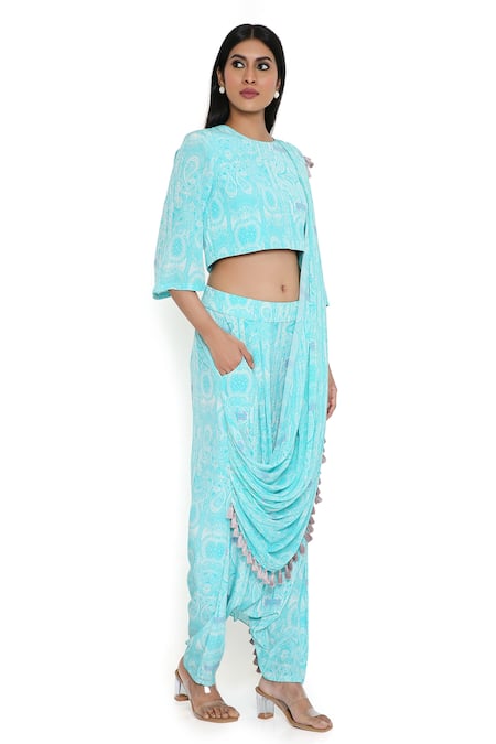 Payal Singhal Blue Crepe Printed Abstract Round Dhoti Pant Saree And Top Online at Aza Fashions Payal Singhal_Blue Crepe Printed Abstract Round Dhoti Pant Saree And Top_Online_at_Aza_Fashions