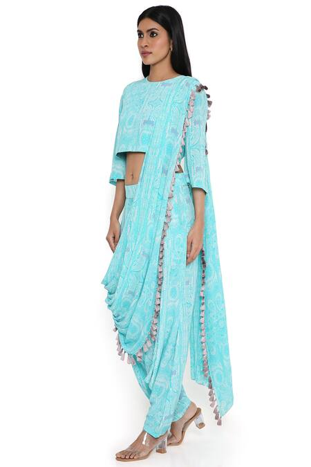 Buy Payal Singhal Blue Crepe Printed Abstract Round Dhoti Pant Saree And Top Online at Aza Fashions Buy_Payal Singhal_Blue Crepe Printed Abstract Round Dhoti Pant Saree And Top_Online_at_Aza_Fashions