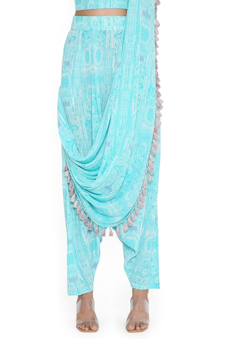 Payal Singhal Blue Crepe Printed Abstract Round Dhoti Pant Saree And Top at Aza Fashions Payal Singhal_Blue Crepe Printed Abstract Round Dhoti Pant Saree And Top_at_Aza_Fashions