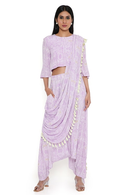 Payal Singhal Purple Crepe Printed Abstract Round Floral Dhoti Pant Saree With Top 