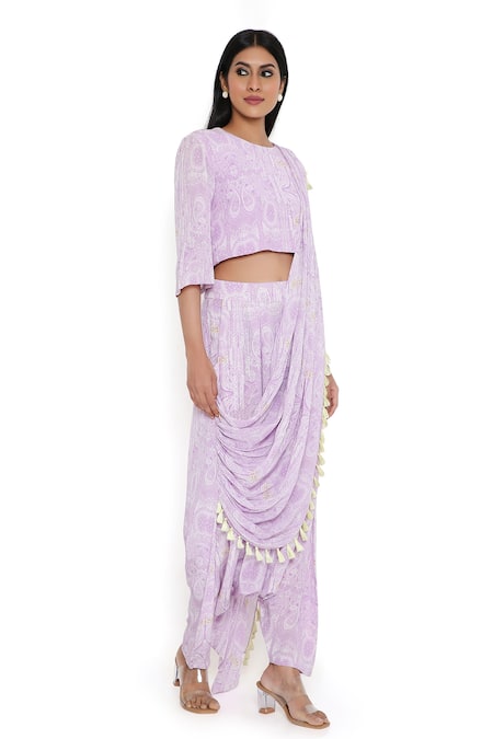 Payal Singhal_Purple Crepe Printed Abstract Round Floral Dhoti Pant Saree With Top_Online_at_Aza_Fashions
