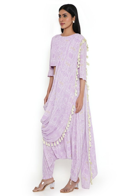 Buy_Payal Singhal_Purple Crepe Printed Abstract Round Floral Dhoti Pant Saree With Top_Online_at_Aza_Fashions