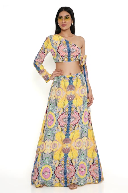 Payal Singhal Yellow Crepe Embroidery Floral Asymmetric Neck Abstract Print Top With Skirt 