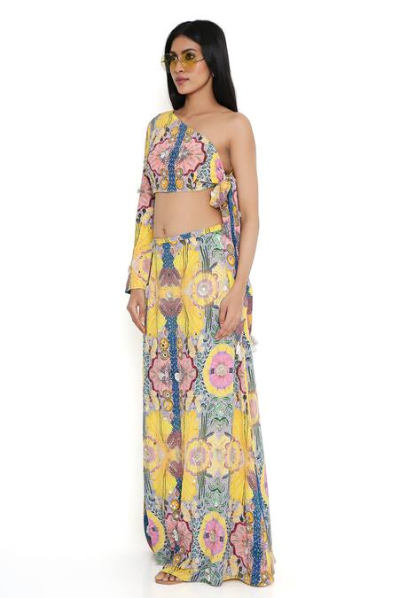 Payal Singhal_Yellow Crepe Embroidery Floral Asymmetric Neck Abstract Print Top With Skirt_Online_at_Aza_Fashions