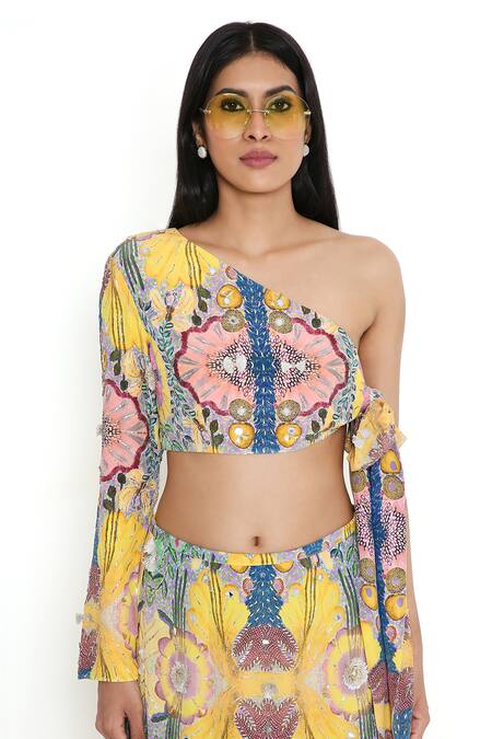 Buy_Payal Singhal_Yellow Crepe Embroidery Floral Asymmetric Neck Abstract Print Top With Skirt_Online_at_Aza_Fashions
