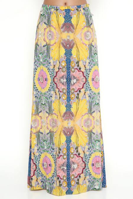 Shop_Payal Singhal_Yellow Crepe Embroidery Floral Asymmetric Neck Abstract Print Top With Skirt_Online_at_Aza_Fashions