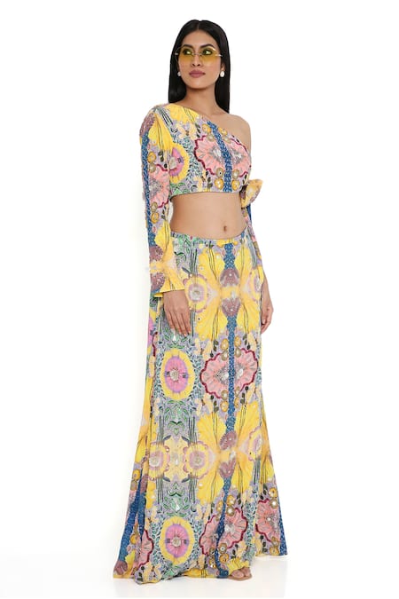Payal Singhal_Yellow Crepe Embroidery Floral Asymmetric Neck Abstract Print Top With Skirt_at_Aza_Fashions