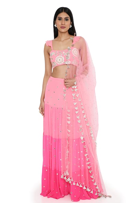 Payal Singhal Pink Georgette Embroidery Mukaish Scoop Neck Work Ombre Effect Lehenga Set 