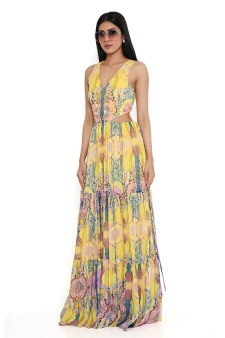Buy_Payal Singhal_Yellow Georgette Print Floral V Neck Abstract Dress_Online_at_Aza_Fashions
