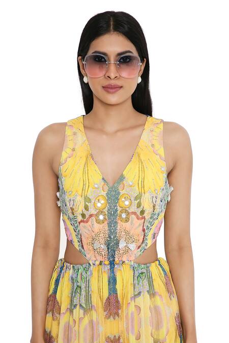 Shop_Payal Singhal_Yellow Georgette Print Floral V Neck Abstract Dress_Online_at_Aza_Fashions