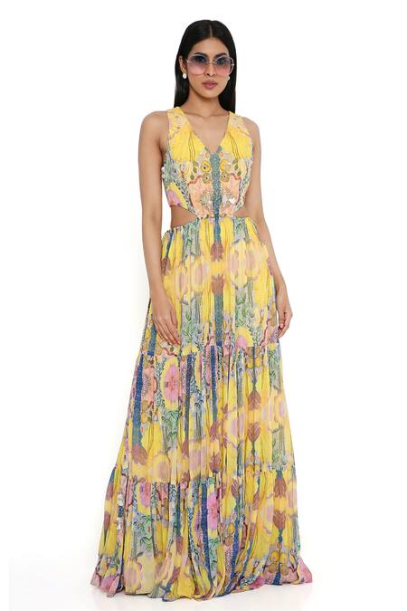 Payal Singhal_Yellow Georgette Print Floral V Neck Abstract Dress_at_Aza_Fashions