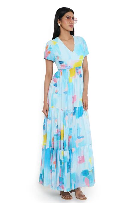 Payal Singhal_Blue Georgette Print Paint Brush Effect V Neck Maxi Dress_Online_at_Aza_Fashions
