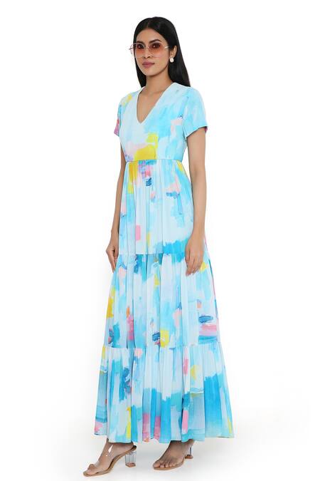 Buy_Payal Singhal_Blue Georgette Print Paint Brush Effect V Neck Maxi Dress_Online_at_Aza_Fashions
