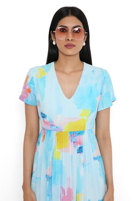 Shop_Payal Singhal_Blue Georgette Print Paint Brush Effect V Neck Maxi Dress_Online_at_Aza_Fashions