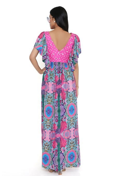 Shop_Payal Singhal_Pink Crepe Print Floral V Neck Abstract Bloom Dress_at_Aza_Fashions