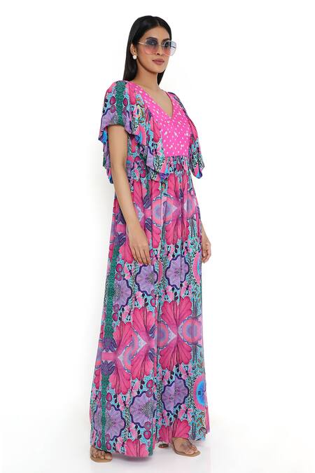 Payal Singhal_Pink Crepe Print Floral V Neck Abstract Bloom Dress_Online_at_Aza_Fashions