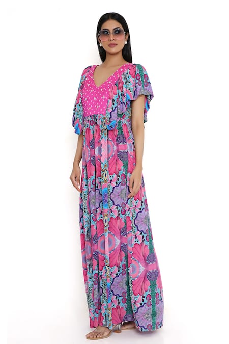 Buy_Payal Singhal_Pink Crepe Print Floral V Neck Abstract Bloom Dress_Online_at_Aza_Fashions