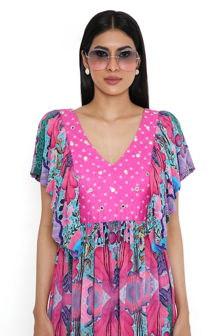 Shop_Payal Singhal_Pink Crepe Print Floral V Neck Abstract Bloom Dress_Online_at_Aza_Fashions
