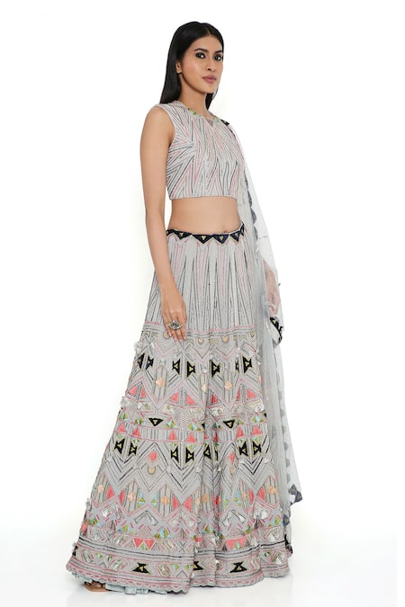 Payal Singhal Grey Georgette Embroidery Geometric Round Neck Lehenga Set Online at Aza Fashions Payal Singhal_Grey Georgette Embroidery Geometric Round Neck Lehenga Set _Online_at_Aza_Fashions