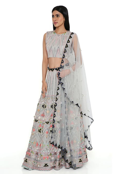 Buy Payal Singhal Grey Georgette Embroidery Geometric Round Neck Lehenga Set Online at Aza Fashions Buy_Payal Singhal_Grey Georgette Embroidery Geometric Round Neck Lehenga Set _Online_at_Aza_Fashions