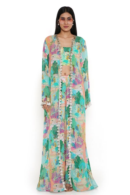 Payal Singhal Multi Color Georgette Print Kuno Top Square Neck Jacket And Palazzo Set Online at Aza Fashions Payal Singhal_Multi Color Georgette Print Kuno Top Square Neck Jacket And Palazzo Set_Online_at_Aza_Fashions