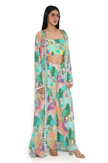Buy Payal Singhal Multi Color Georgette Print Kuno Top Square Neck Jacket And Palazzo Set Online at Aza Fashions Buy_Payal Singhal_Multi Color Georgette Print Kuno Top Square Neck Jacket And Palazzo Set_Online_at_Aza_Fashions