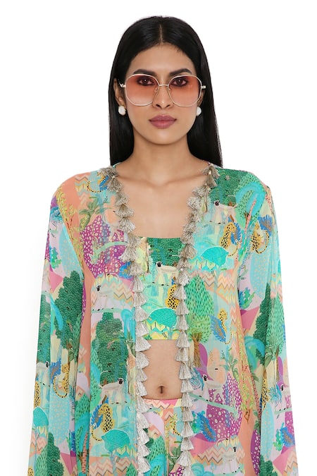 Shop Payal Singhal Multi Color Georgette Print Kuno Top Square Neck Jacket And Palazzo Set Online at Aza Fashions Shop_Payal Singhal_Multi Color Georgette Print Kuno Top Square Neck Jacket And Palazzo Set_Online_at_Aza_Fashions