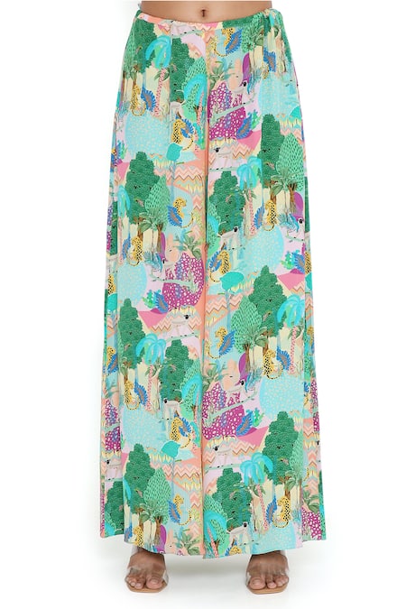 Shop Payal Singhal Multi Color Georgette Print Kuno Top Square Neck Jacket And Palazzo Set Shop_Payal Singhal_Multi Color Georgette Print Kuno Top Square Neck Jacket And Palazzo Set