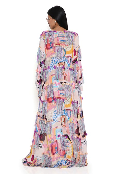 Shop Payal Singhal Peach Georgette Print Abstract Trance Bustier Square Neck Jacket Shorts Set at Aza Fashions Shop_Payal Singhal_Peach Georgette Print Abstract Trance Bustier Square Neck Jacket Shorts Set_at_Aza_Fashions