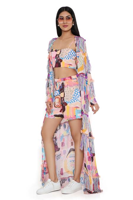 Payal Singhal Peach Georgette Print Abstract Trance Bustier Square Neck Jacket Shorts Set Online at Aza Fashions Payal Singhal_Peach Georgette Print Abstract Trance Bustier Square Neck Jacket Shorts Set_Online_at_Aza_Fashions