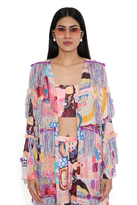Buy Payal Singhal Peach Georgette Print Abstract Trance Bustier Square Neck Jacket Shorts Set Online at Aza Fashions Buy_Payal Singhal_Peach Georgette Print Abstract Trance Bustier Square Neck Jacket Shorts Set_Online_at_Aza_Fashions