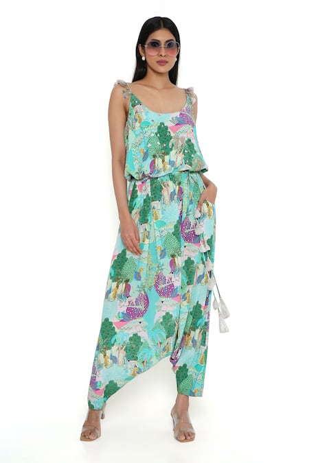 Payal Singhal Blue Crepe Print Kuno Scoop Neck Jumpsuit Online at Aza Fashions Payal Singhal_Blue Crepe Print Kuno Scoop Neck Jumpsuit_Online_at_Aza_Fashions