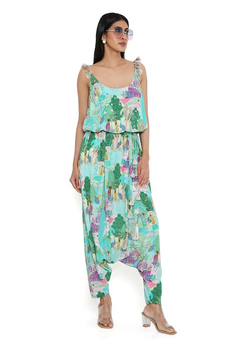 Buy Payal Singhal Blue Crepe Print Kuno Scoop Neck Jumpsuit Online at Aza Fashions Buy_Payal Singhal_Blue Crepe Print Kuno Scoop Neck Jumpsuit_Online_at_Aza_Fashions