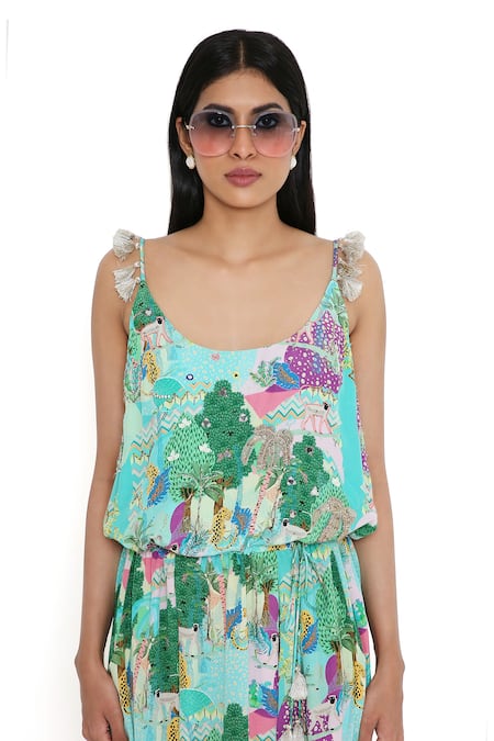 Shop Payal Singhal Blue Crepe Print Kuno Scoop Neck Jumpsuit Online at Aza Fashions Shop_Payal Singhal_Blue Crepe Print Kuno Scoop Neck Jumpsuit_Online_at_Aza_Fashions