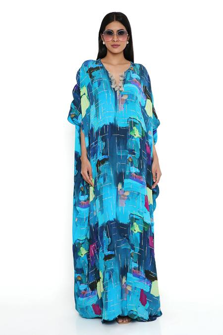 Payal Singhal_Blue Crepe Print Paint Brush Effect Notched V Neck Kaftan_Online_at_Aza_Fashions