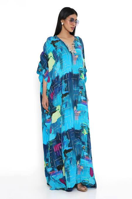 Buy_Payal Singhal_Blue Crepe Print Paint Brush Effect Notched V Neck Kaftan_Online_at_Aza_Fashions
