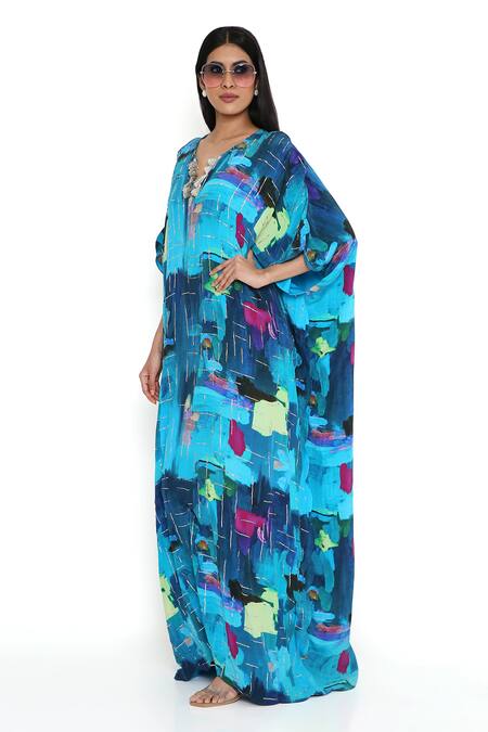 Shop_Payal Singhal_Blue Crepe Print Paint Brush Effect Notched V Neck Kaftan_Online_at_Aza_Fashions