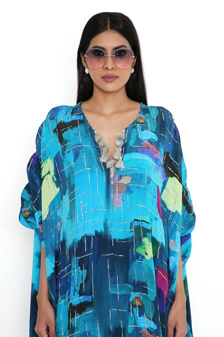 Payal Singhal_Blue Crepe Print Paint Brush Effect Notched V Neck Kaftan_at_Aza_Fashions