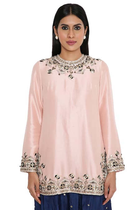 Shop_Payal Singhal_Pink Silk Embroidered Mukaish Round Kurta Salwar Set _Online_at_Aza_Fashions