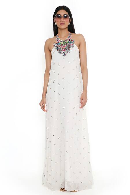 PS Pret By Payal Singhal_White Mukaish Georgette Embroidered Beads Halter Neck Yoke Dress _Online_at_Aza_Fashions