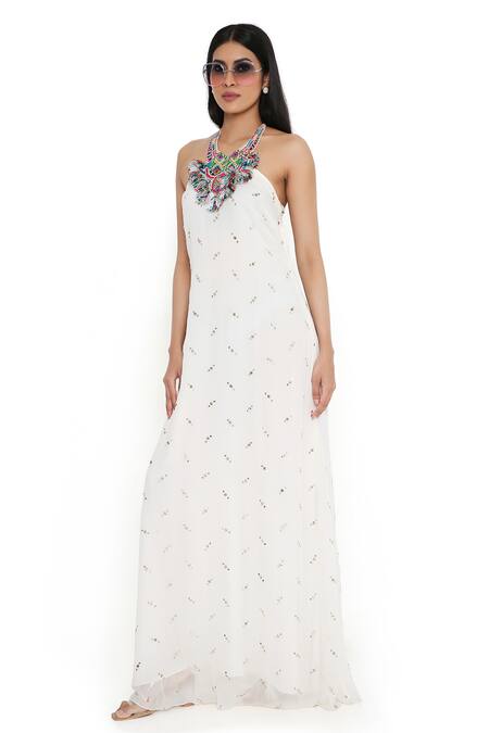 Buy_PS Pret By Payal Singhal_White Mukaish Georgette Embroidered Beads Halter Neck Yoke Dress _Online_at_Aza_Fashions