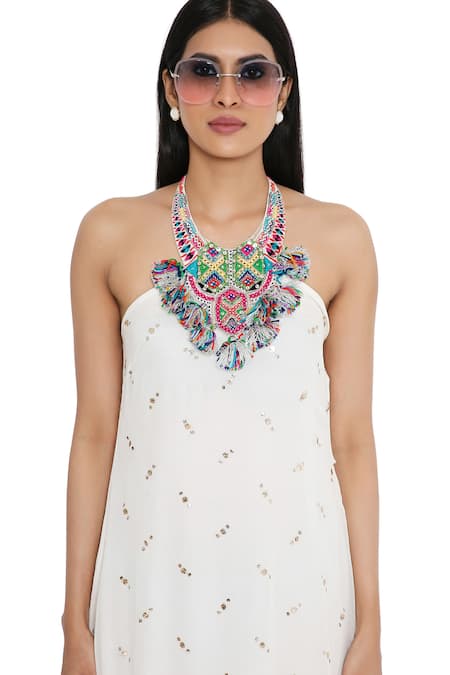 Shop_PS Pret By Payal Singhal_White Mukaish Georgette Embroidered Beads Halter Neck Yoke Dress _Online_at_Aza_Fashions