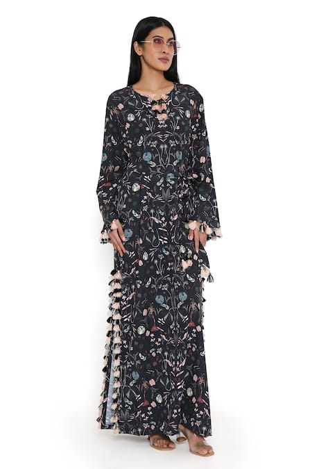 PS Pret By Payal Singhal_Black Crepe Tassels Round Neck Forest Print Kaftan _Online_at_Aza_Fashions